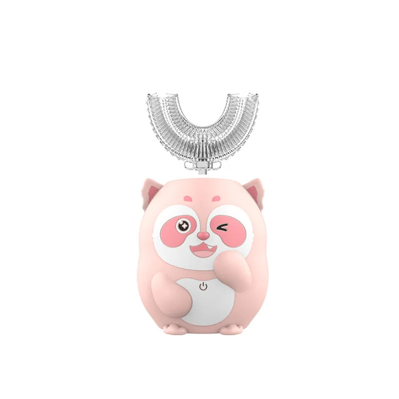 A pink panda-shaped electric toothbrush with a silver U-shaped head and timer features on the handle.