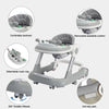 A gray 2-in-1 toddler push walker featuring a comfortable backrest, removable cushion, detachable music tray, and anti-slip w