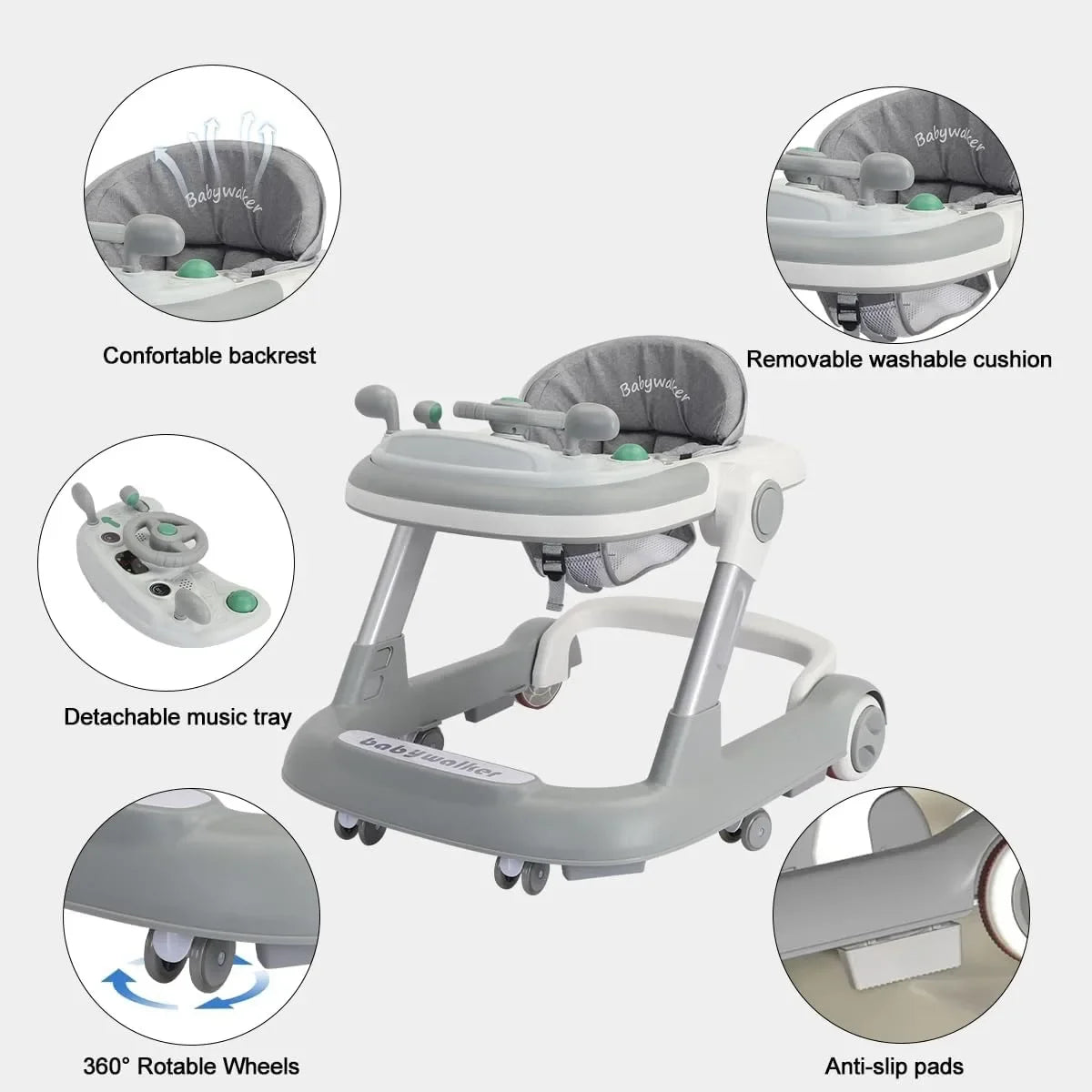 A baby walker featuring a comfortable backrest, removable cushion, detachable music tray, 360-rotate wheels, and anti-slip pa