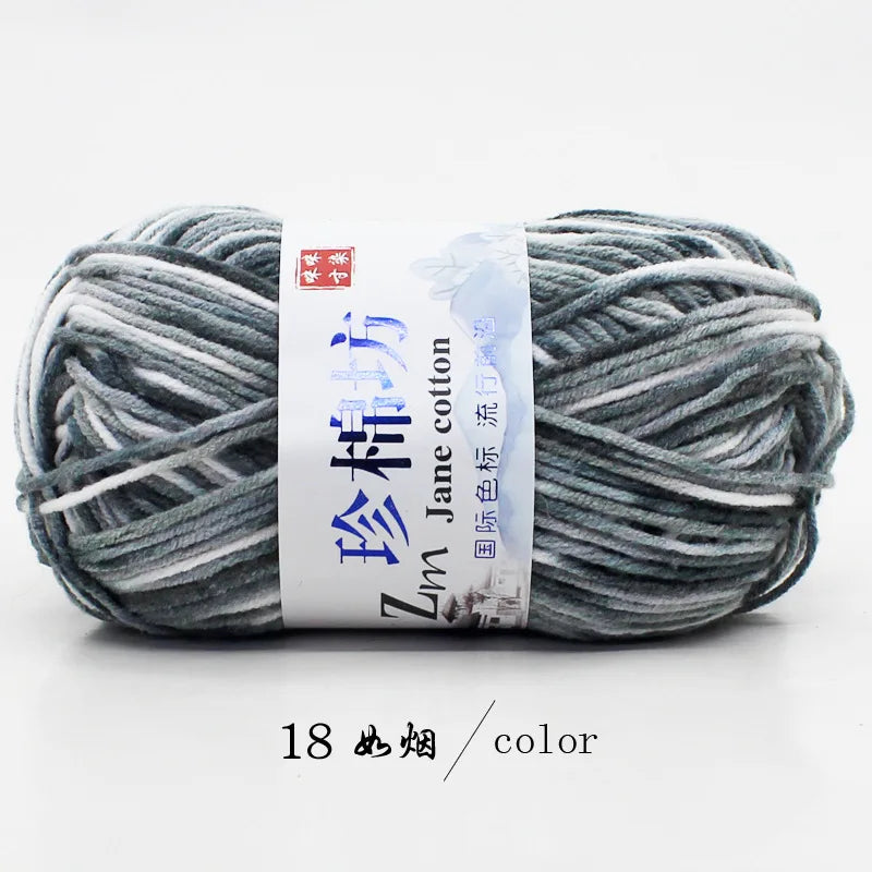A ball of gray yarn labeled as Jim Jane cotton yarn for knitting and crochet