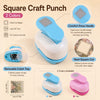A square craft punch tool in blue and pink colors with a comfort press handle and removable catch tray.