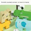 Wooden animal stacking balance game featuring various shapes and colors like a lion, dinosaur, and elephant.