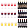 A set of five miniature resin wine bottles and cups for a dollhouse display.