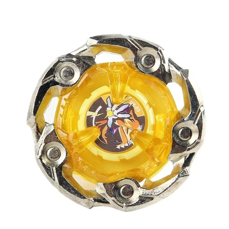 A silver metal spinning top featuring a translucent yellow crystal and an intricate balance mechanism.