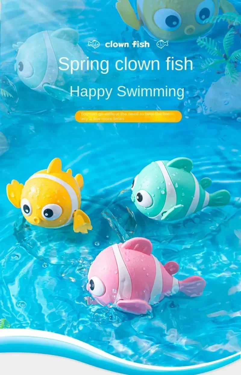 A colorful wind-up swimming duck fish toy in yellow, green, and pink floating in blue water.