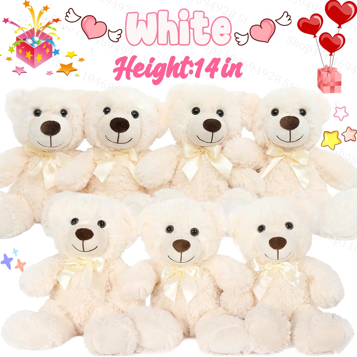 A set of five white plush teddy bears, soft and huggable, displayed against a colorful background.