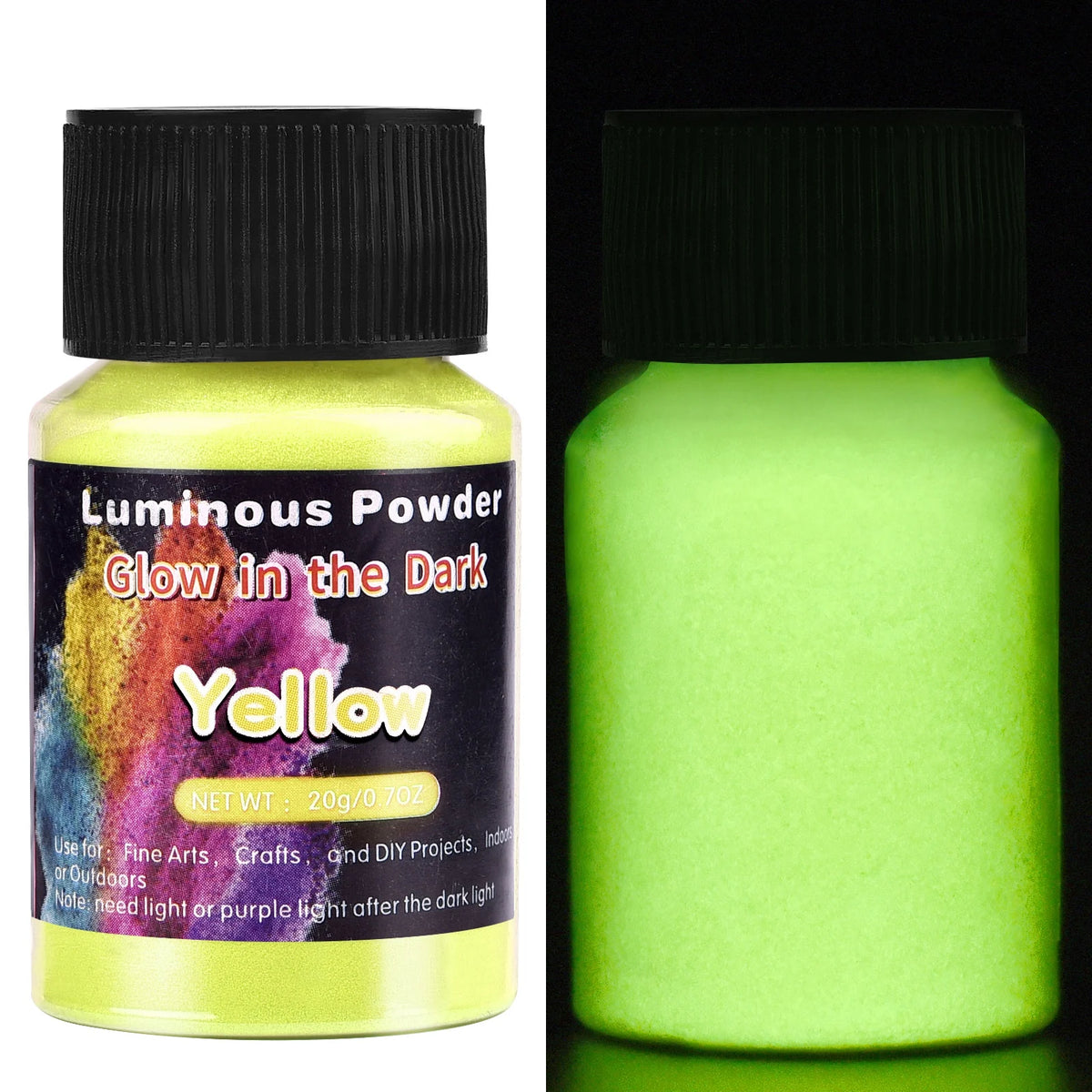 A bottle of Luminous Glow-in-the-Dark Yellow pigment powder with a black cap and a bright yellow-green liquid inside.