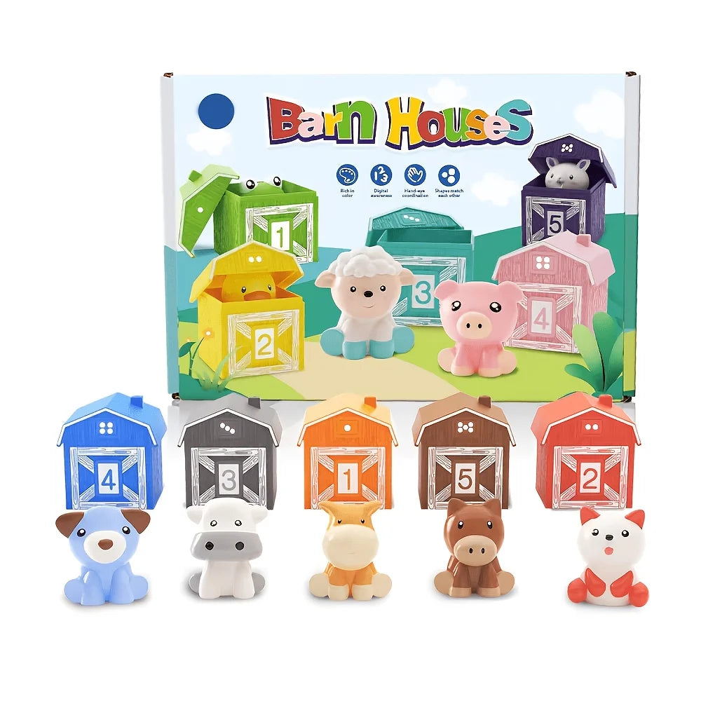 A set of farm number train toys featuring various animal figures and corresponding numbered wooden houses for toddlers.