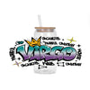A clear glass tumbler with a purple and teal graffiti design featuring the word VIRGO and zodiac elements.