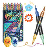 A set of 36 dual-tip glitter brush markers featuring metallic finishes and accompanying smiley face stickers.