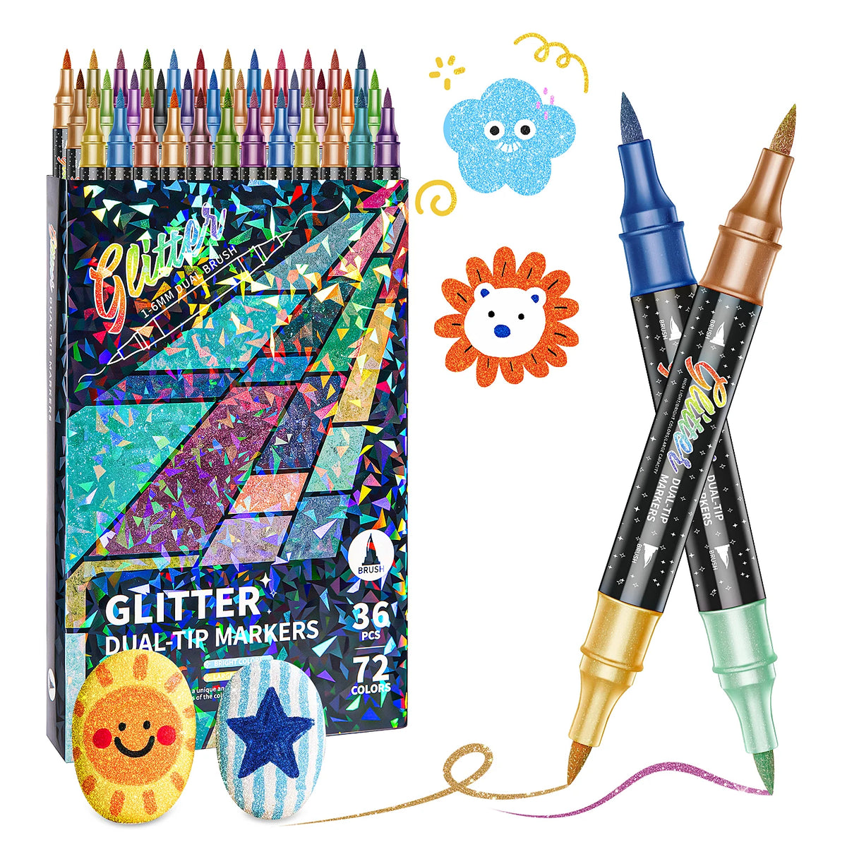 A set of 36 dual-tip glitter brush markers featuring metallic finishes and accompanying smiley face stickers.