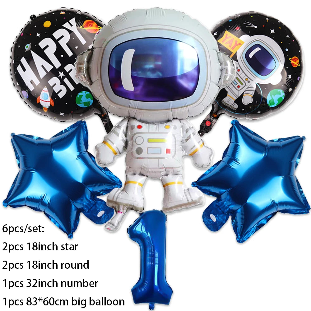 Outer space astronaut party décor set featuring a figure, balloons, and number props