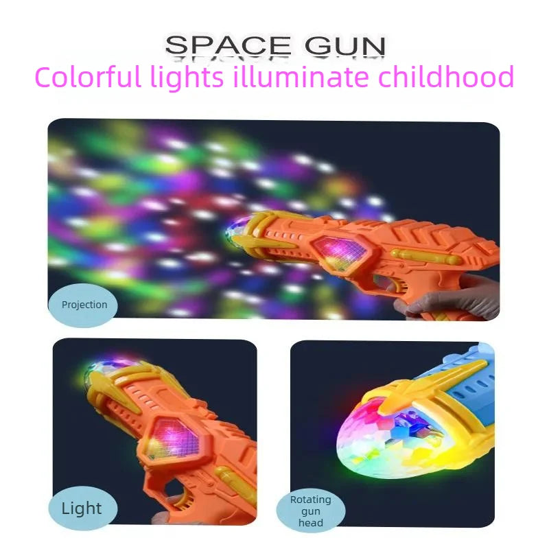 An orange projection toy gun illuminates childhood with colorful lights and a rotating gun head.