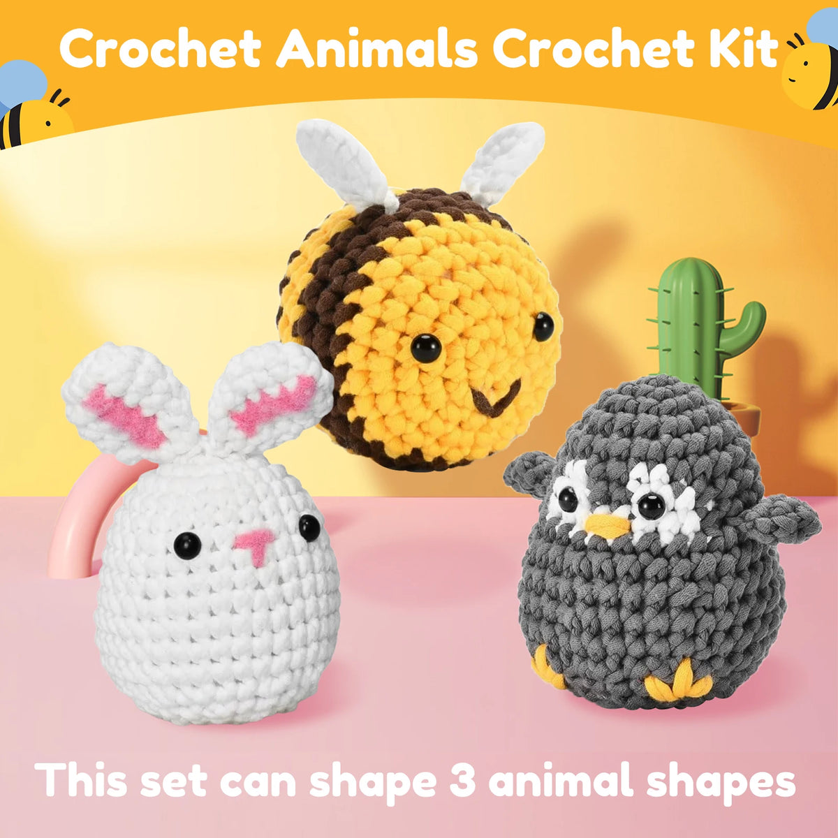 A crochet kit featuring three animal shapes: a bee, a rabbit, and a penguin, made from soft yellow, white, and gray yarn.