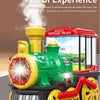 A green vintage train toy with yellow details is shown, simulating steam and smoke for an immersive experience.