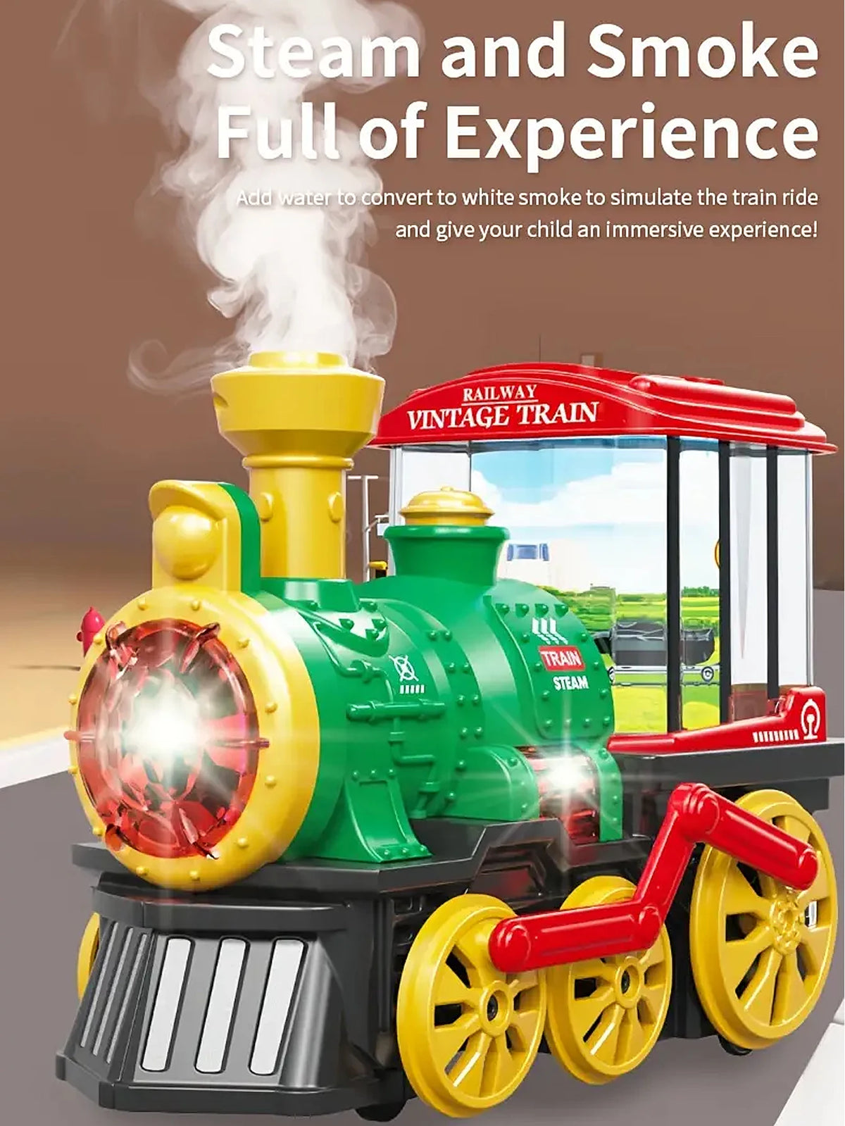 A green vintage train toy with yellow details is shown, simulating steam and smoke for an immersive experience.