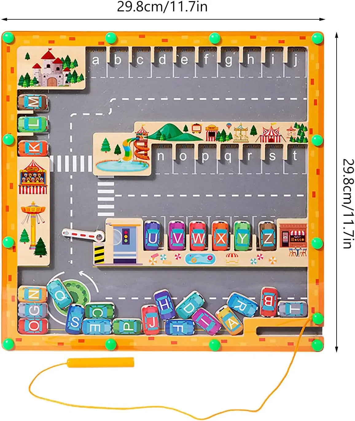 A wooden magnetic maze puzzle board for toddlers featuring letters and numbers arranged in a grid.