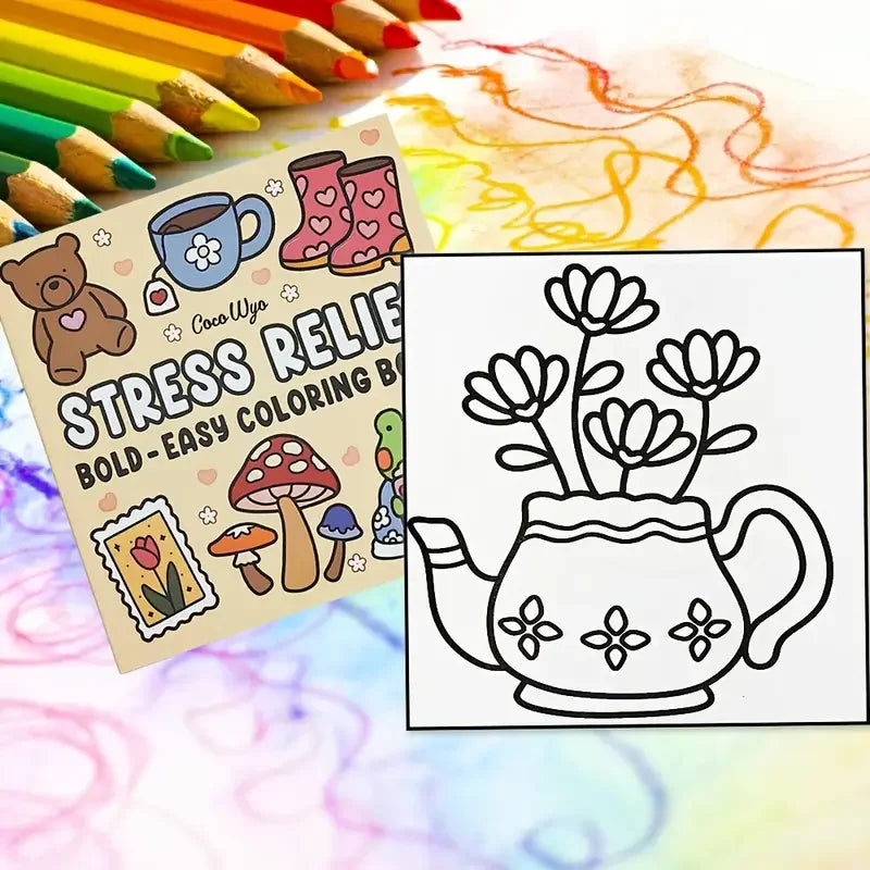 A coloring book featuring bold designs like boots, bears, and mushrooms on thick paper.