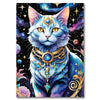 A detailed painting of a blue cat with glowing eyes and ornate gold jewelry against a cosmic background.