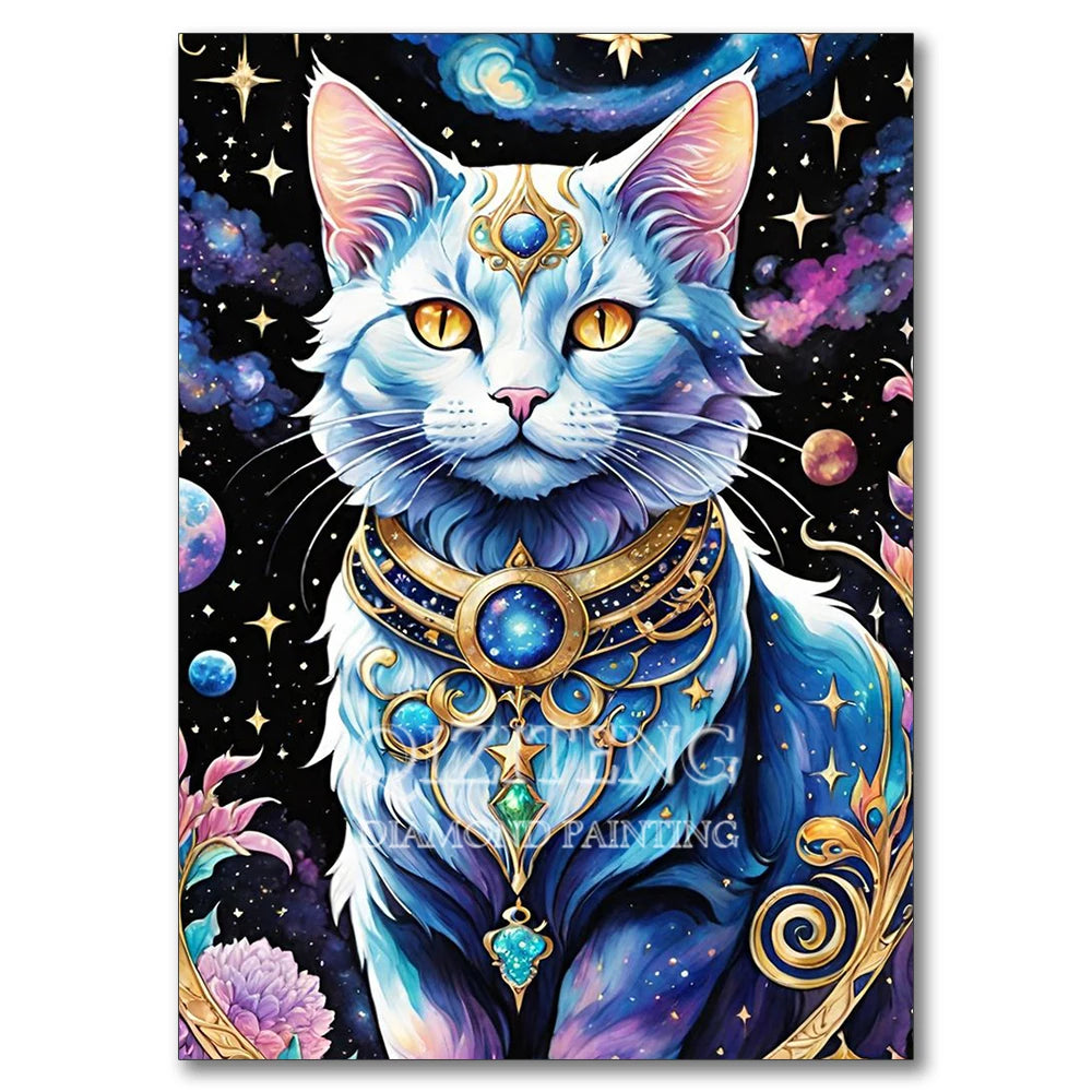 A detailed painting of a blue cat with glowing eyes and ornate gold jewelry against a cosmic background.