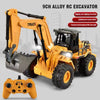 A yellow 9CH alloy RC excavator toy with a digging arm and a remote control transmitter.