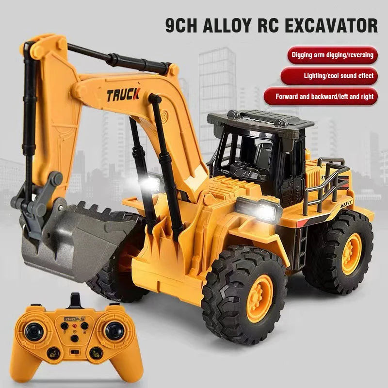 A yellow 9CH alloy RC excavator toy with a digging arm and a remote control transmitter.