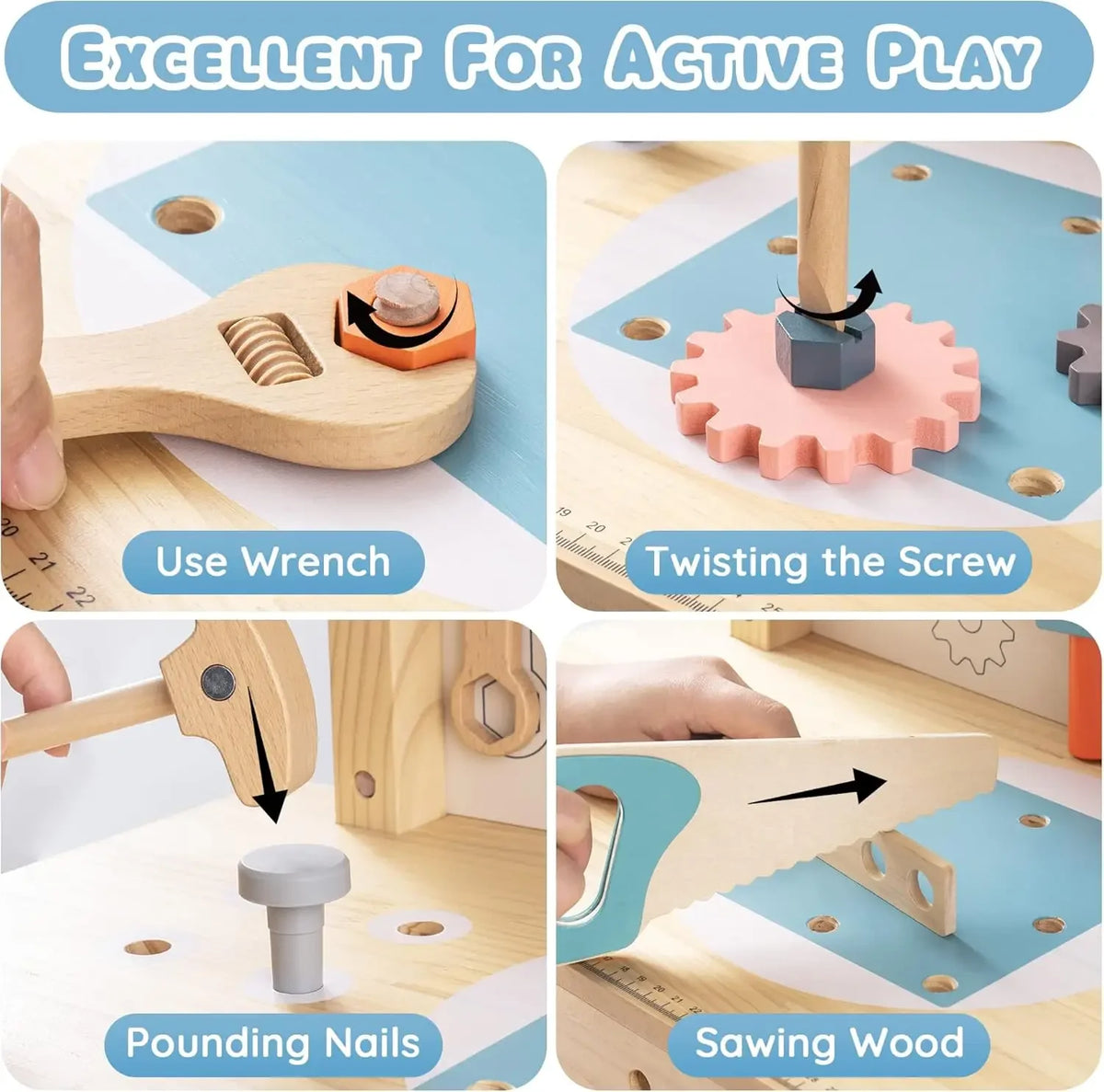 Wooden kids workbench showing various activities like using a wrench, twisting a screw, pounding nails, and sawing wood.