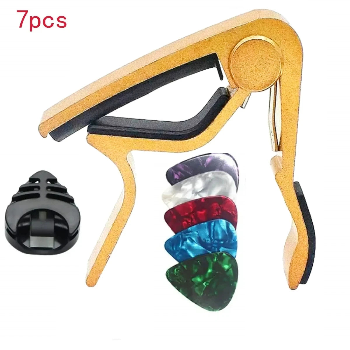A set of seven guitar capo pieces including a holder and colored picks