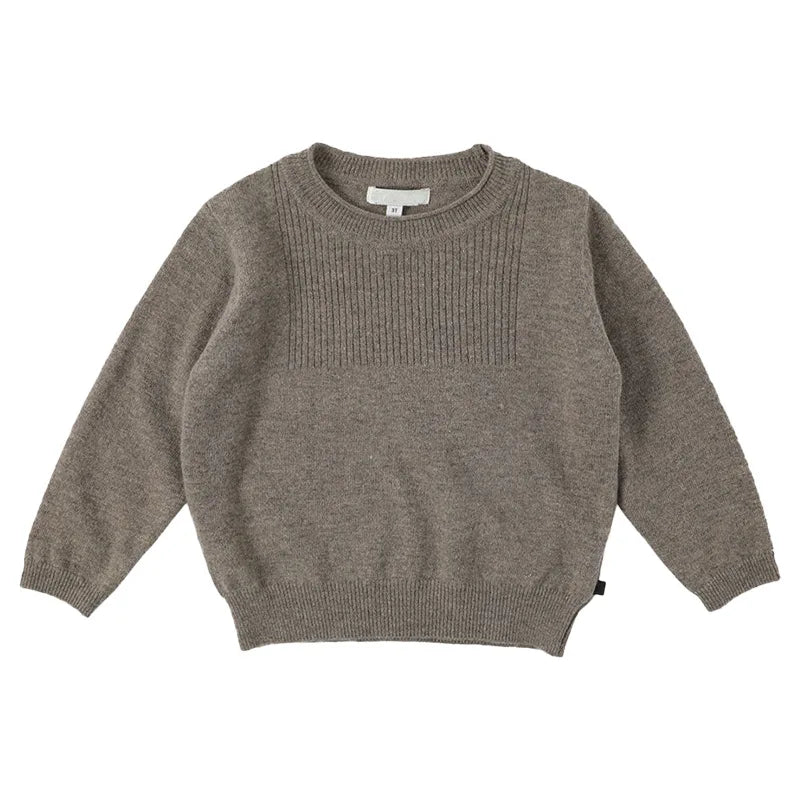 A gray knit sweater and pants set for a toddler, shown flat lay.