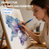 A woman paints a purple and blue fish on canvas using a dual-tip glitter brush marker set.