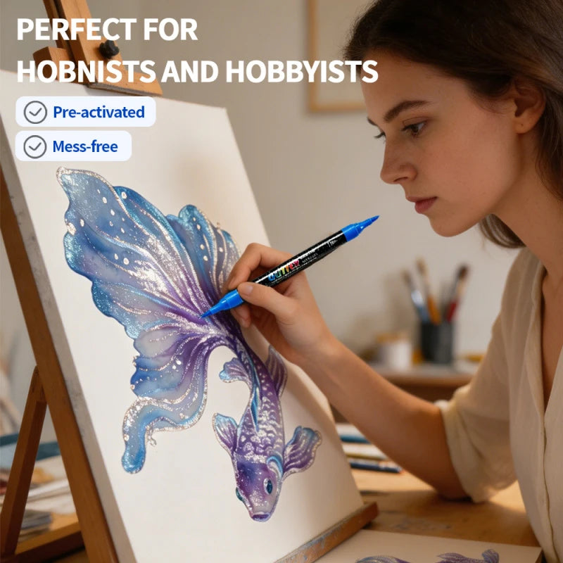 A woman paints a purple and blue fish on canvas using a dual-tip glitter brush marker set.