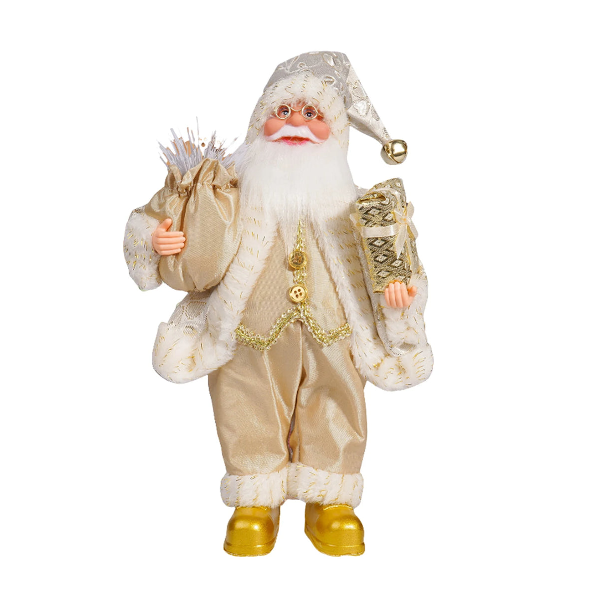 A 30cm Christmas Santa Claus figurine with a white beard, gold trim, and festive attire.