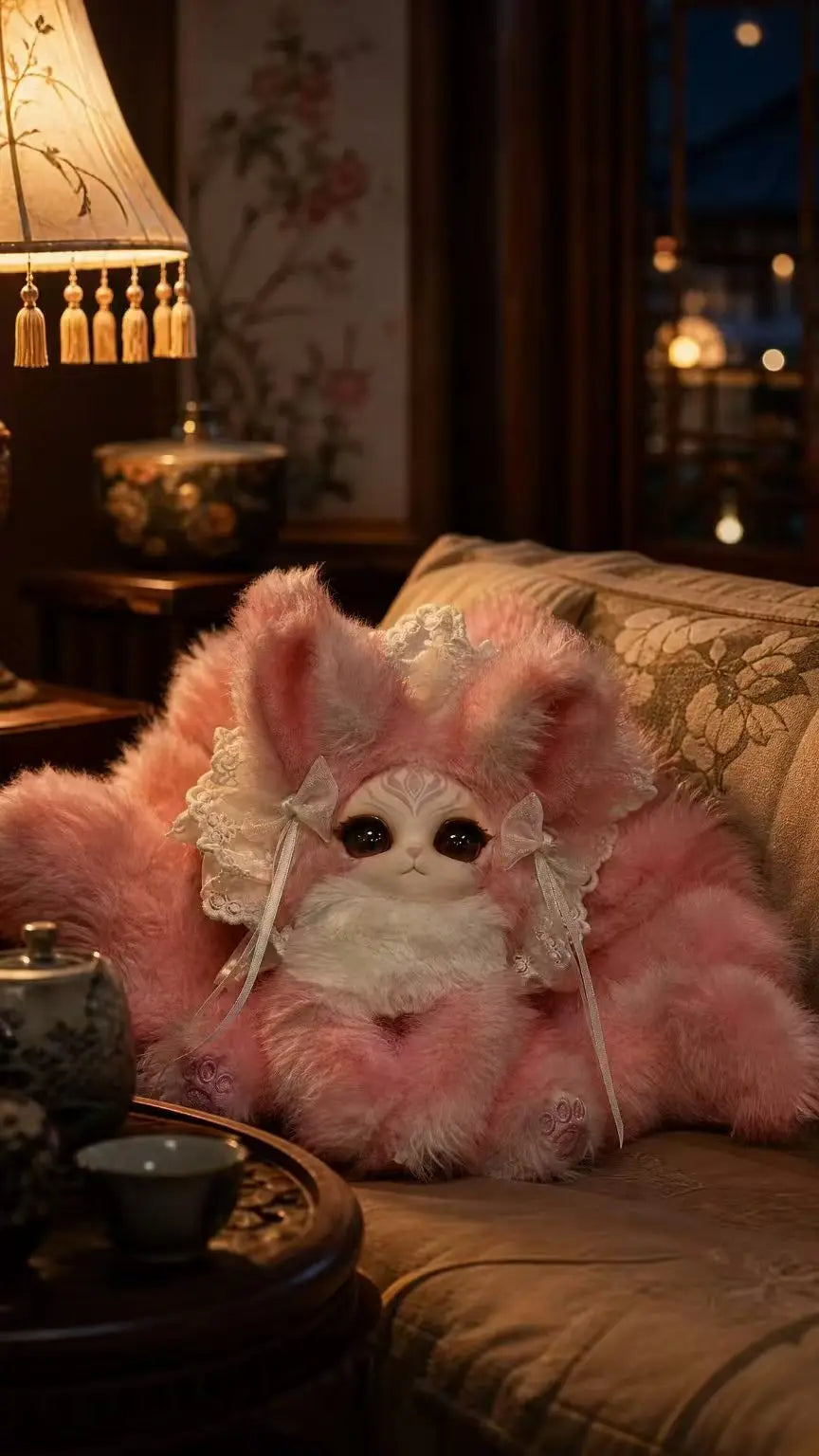A pink fox plush collectible with white fur and lace details resting on a brown sofa.