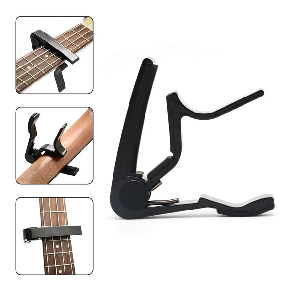 A black adjustable guitar capo shown in various angles, demonstrating its clamping mechanism.