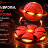 A red sports reaction training ball is shown transforming into a disc, highlighting its glow and features.