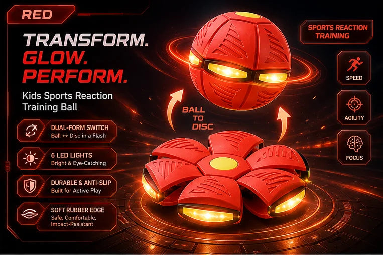A red sports reaction training ball is shown transforming into a disc, highlighting its glow and features.