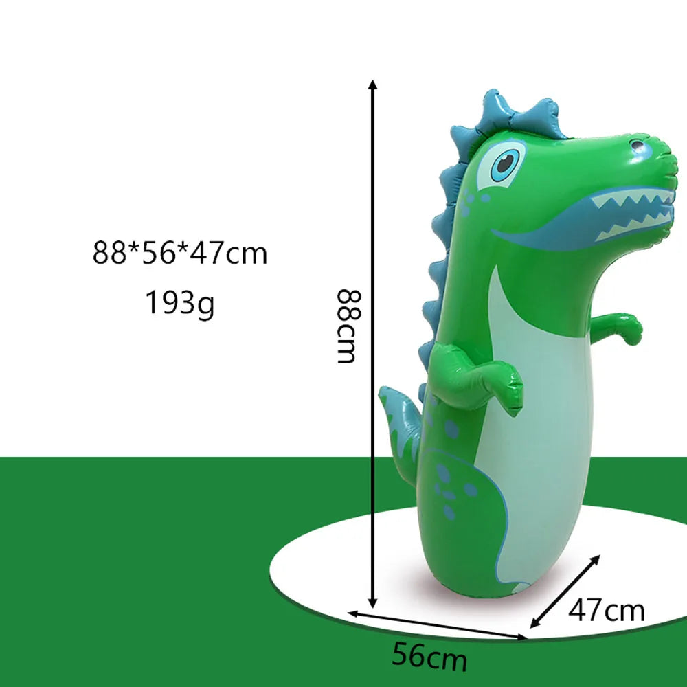 A green inflatable dinosaur punching bag with a spiky crest is shown against a white background.