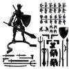A black magnetic multi-jointed action figure building set with various accessories and a display stand.