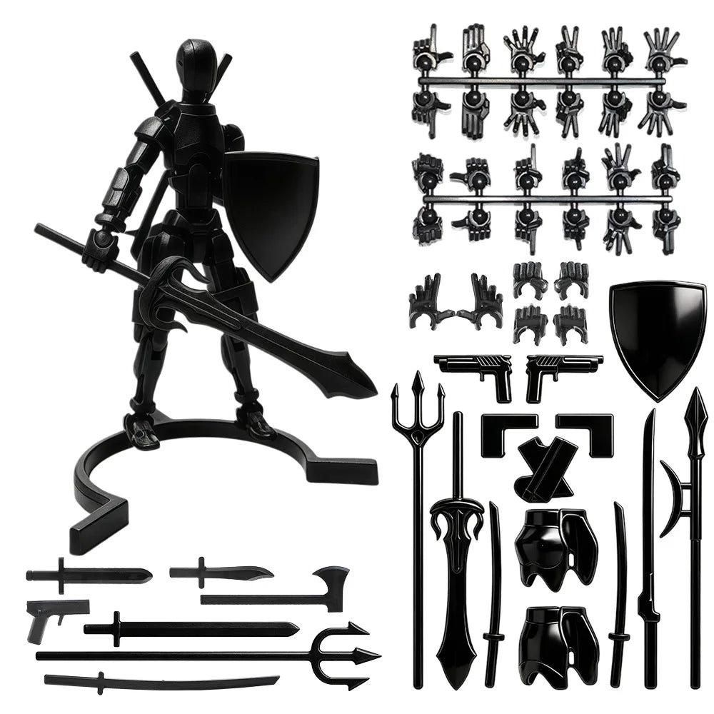 A black magnetic multi-jointed action figure building set with various accessories and a display stand.