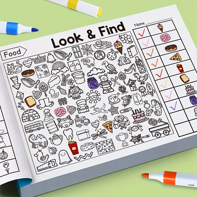 Page d'un livre interactif de recherche où les enfants doivent localiser divers objets