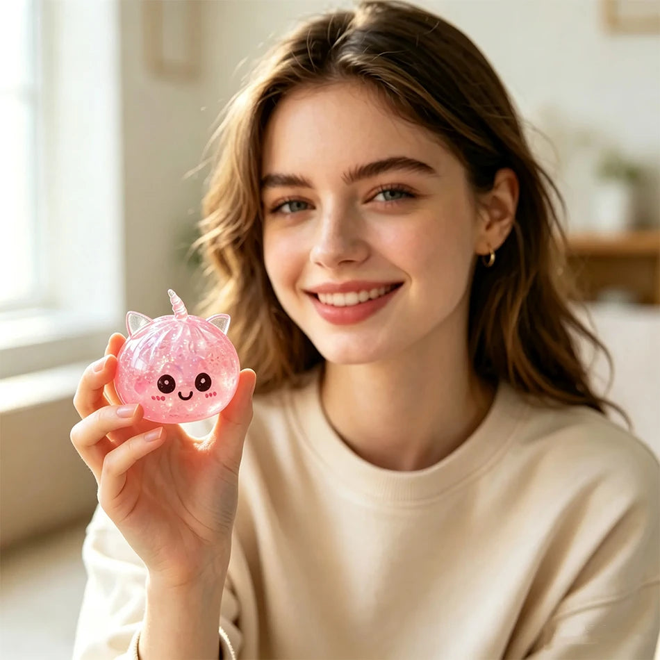 A young woman holds a pink glitter unicorn bun squishy toy in her hand.
