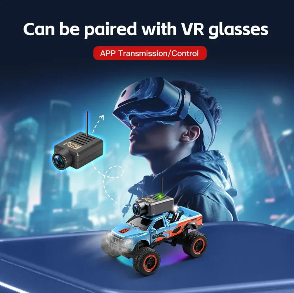 Mini 1:64 scale RC monster truck with an FPV camera and live video display being used with VR glasses.