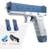 A blue and white water blaster gun with accessories including a battery and USB charging cable.