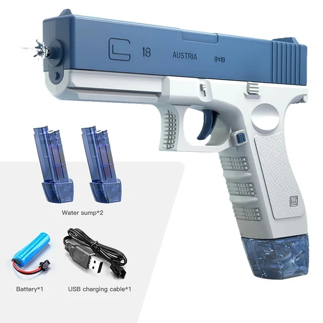 A blue and white water blaster gun with accessories including a battery and USB charging cable.