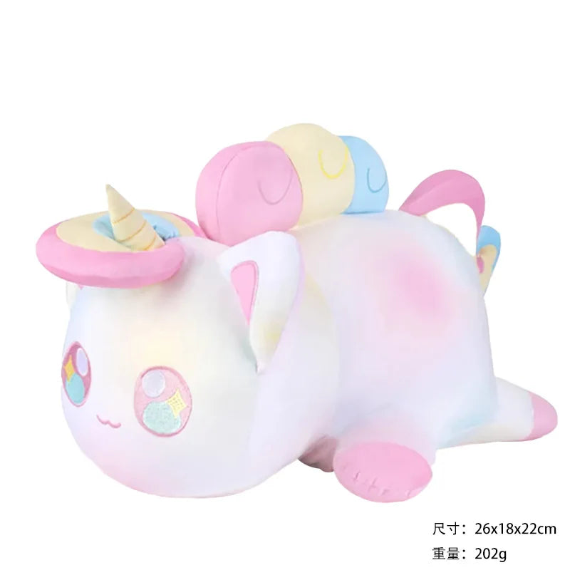 A soft pink and white plush cat doll with light-up features and food accessories lying down.