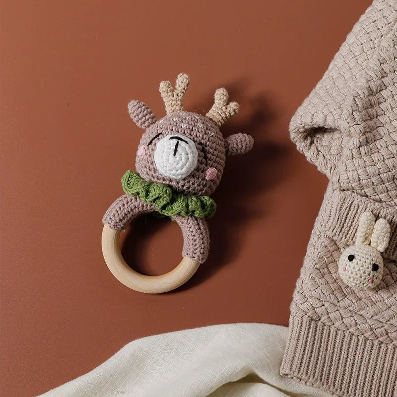 Crochet Bunny Rattle & Teether Toy with Wooden Ring