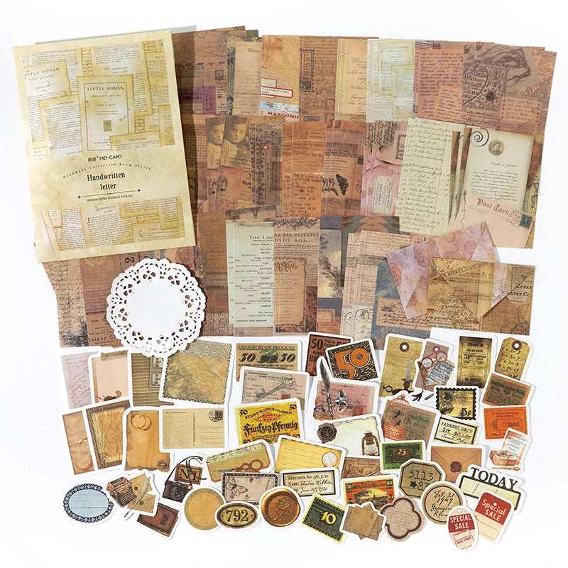A collection of vintage paper and stickers for crafting, featuring aged letters, stamps, and decorative elements.