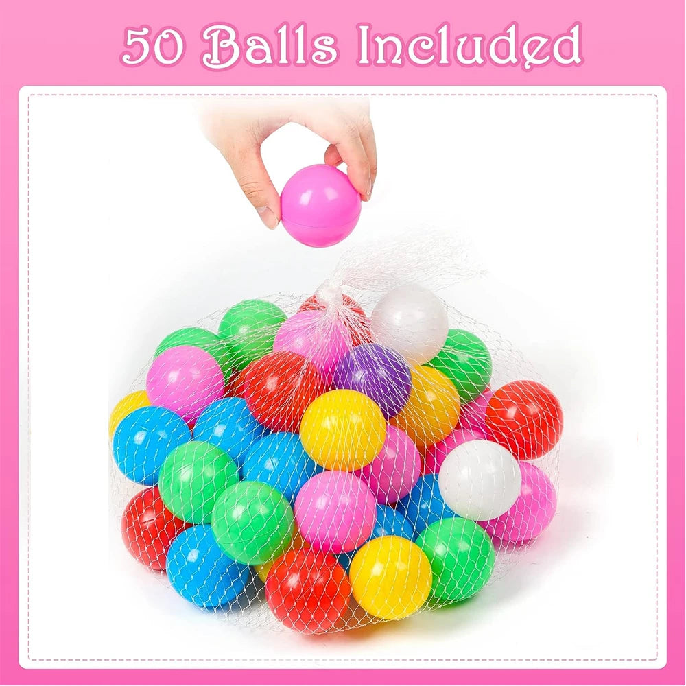 A hand is holding a pink ball above a net bag filled with 50 colorful play balls.
