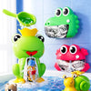 A collection of colorful frog bath toys floating in water for baby bathing buddies