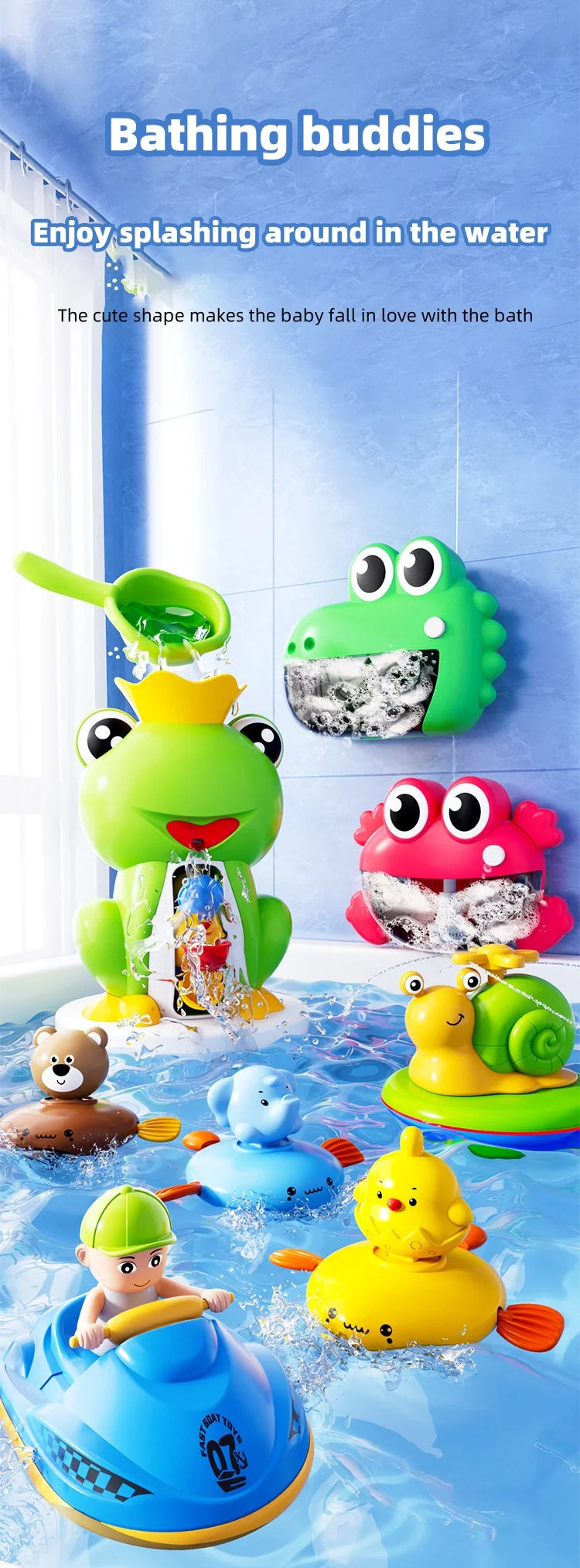 A collection of colorful frog bath toys floating in water for baby bathing buddies